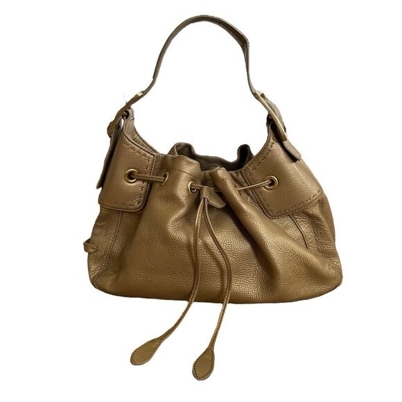 Cole Haan Metallic Gold Brass Leather Drawstring Shoulder Buckle Bag Purse Women - Picture 1 of 14